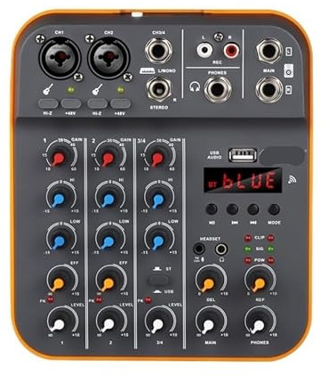 OUTFYT D4M Mini Mixer Audio a 4 canali Mixer DJ Mixer con Riverbero Bluetooth 5.0 Scheda Audio USB 48V,Compatibilità Universale