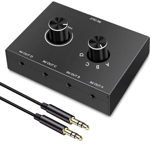 Gosera Sélecteur Audio Jack 3,5 mm 4 Voies, Amplificateur de Casque 4 en 1 Sortie, Répartiteur Audio Stéréo Bidirectionnel, Boîtier de Répartition de Commutateur Audio