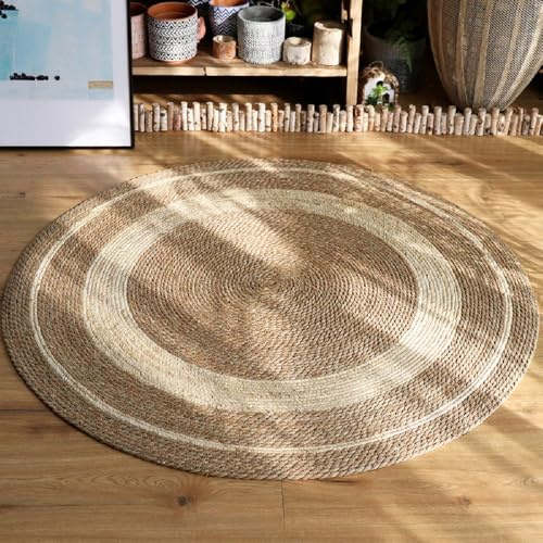 YATOLA Teppich Rund Waschbarer Küchenteppich Wasserfest Flachgewebe Natur Vintage Teppiche für Balkon Terrasse Wohnzimmer Jute Boho Ethno Muster Modern Handgefertigt Naturteppich (Beige 2, 100x100cm)