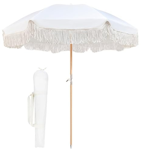 Parasol de Jardin ExtéRieur Exterieur D'1,8 M Avec Pompons, Résistant Au Vent, Portable, Plage, Avec Boutons Inclinables