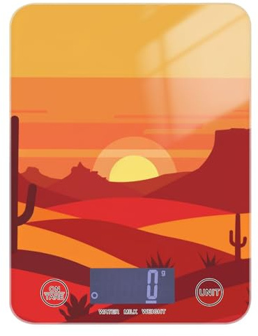 Cactus Sunset - Bilancia digitale da cucina con display LCD rosso, 5 kg/5 g, con 4 unità per spezie, cottura e preparazione dei pasti (batterie non incluse)