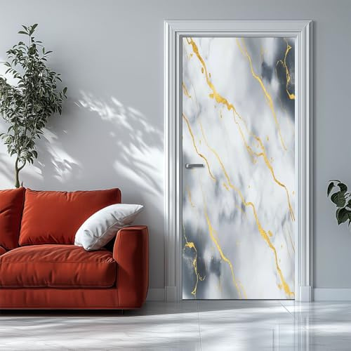 Türtapete Selbstklebend Marmorstruktur Gold 100x200 cm Grau, Türaufkleber Fototapete Türfolie Wasserdichte Abnehmbare Türposter Innentür Schlafzimmer Mädchen und Junge
