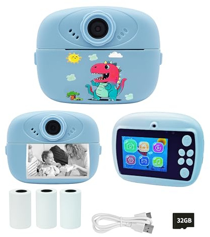 ZENZERO® - Macchina Fotografica Istantanea Bambini 1080P con Stampa Immediata, Cavo USB, SD Card 32GB Inclusa, Lettore MP3 e Giochi Educativi – Regalo Perfetto per Bambini e Bambine (Dino Azzurro)