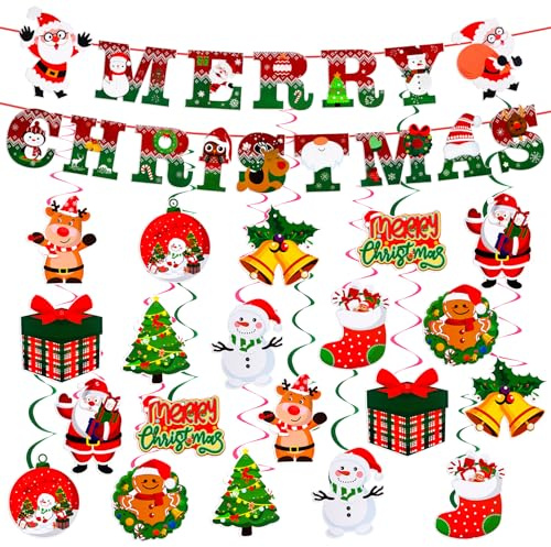 51PCS Christmas Hanging Swirl Decorations Set, Xmas Ceiling Decorations-Santa Claus Snowman, Elk Xmas Hanging Decoration for Indoor Outdoor Christmas Party Decoration Supplies
