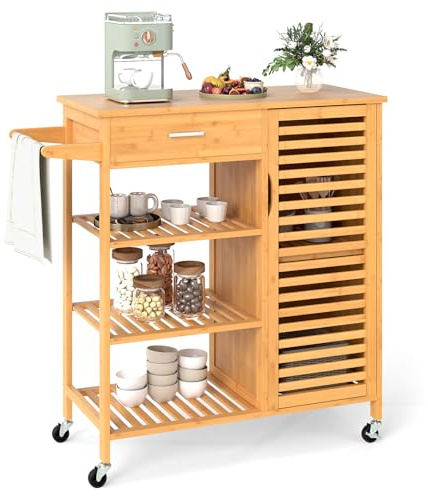 COSTWAY Carro de Cocina de Bambú, Carro de Servicio con Cajón y Puerta, Carro Rodante con 3 Estantes Abiertos y 4 Ruedas Universales, Mesa Móvil para Cocina y Comedor, 91 x 44 x 89 cm