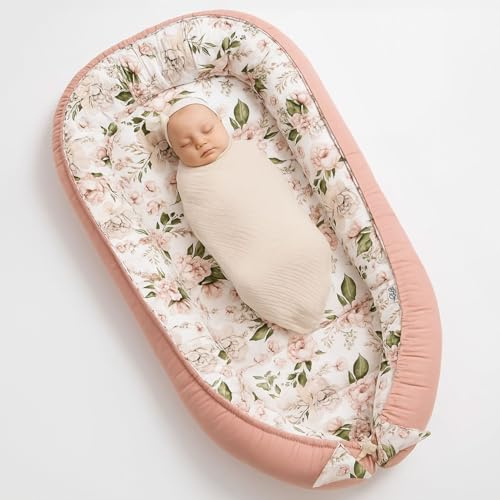 PaLulli 120x60 cm Babynest Babynestchen XXL Babykokon 2seitig 100% Baumwolle Kissen Nestchen für Babybett Reisebett für Baby und Säugling Feathers (Blumen Rosa)