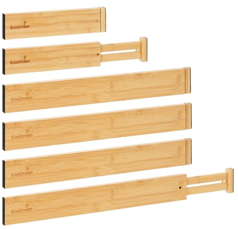 EcoOrden Set de 6 Separadores de Cajón de Bambú Natural Ajustables – Organizador Extensible para Ropa, Cocina o Baño – Diseño Minimalista y Sostenible