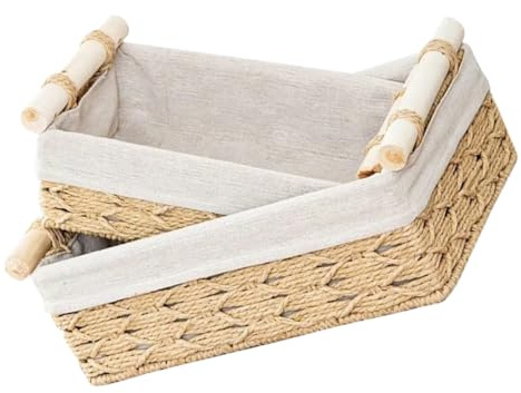 VILLFUL Set 2 Pezzi Cestini Intrecciati in Ferro Fodera, Organizer Portaoggetti Salvaspazio per Soggiorno e Bagno, Design Rustico e Funzionale