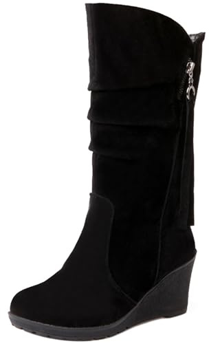 LarDorLin Donna Senza Chiusura a Collo Alto Zeppa Stivali Slouchy Punta Rotonda Comodo Plateau Inverno Warm Snow Polacchine Nero/DL Numero 39 EU (40 CN)