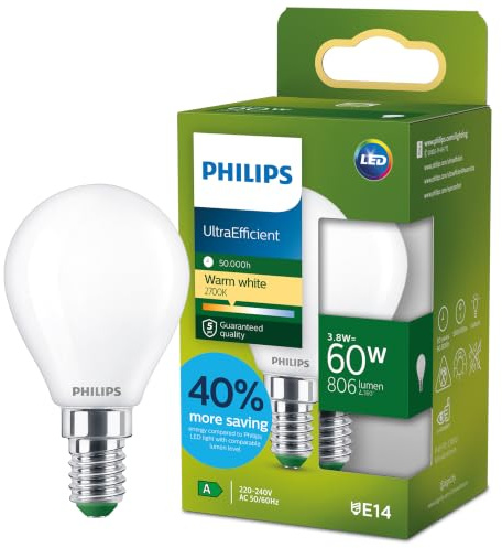 Philips LED UltraEfficient Ampoule Dépolie P45, Petit Culot Edison E14, Classe Énergétique A, 806 lm, Équivalent 60W, Blanc Chaud (2700K), EyeComfort, 50 000 Heures, 1 Pack