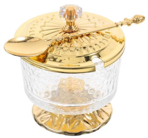 BESPORTBLE Azucarero con Tapa y Cuchara de Hierro y Vidrio Transparente Recipiente Pequeño Multifuncional para Azúcar Sal y Especias Bote Decorativo para Cocina y Sala de Estar Set 1