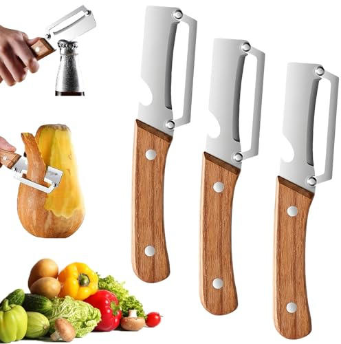 Zero Snag Wooden Peeler, 2-in-1 Multifunctional Vegetable Stainless Steel Peeler, Ultra-Sharp Stainless Steel Blade with Handle and Bottle Opener, for Fruit Apple Potato Pumpkin Papaya Carrot (3pcs)