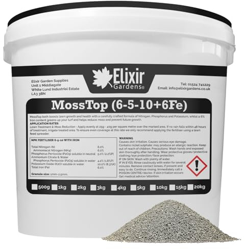 Elixir Gardens MossTop Lawn Fertiliser/Feed & Moss Control 500g Tub | Added 6% Iron Supresses Weeds & Greens Turf (N.P.K: 6-5-10) 500g Bag