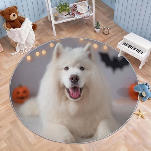 Foto Tiere Samojede Hund Teppich Rund Kurzflor - Waschbare Traditionell Teppiche Wohnzimmer Runder Teppich 80 cm Durchmesser für Eingangsbereich Haustierzimmer Wohnzimmer, rutschfest Bettvorleger