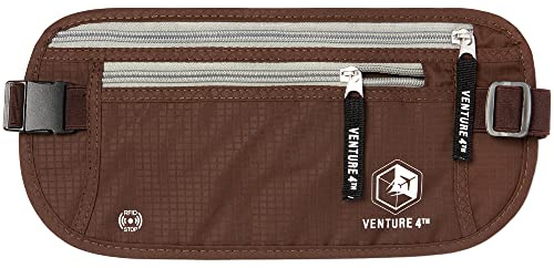 VENTURE 4TH Money Belt for Travel – Hidden Under-Clothes RFID Blocking Passport Holder & Slim Travel Wallet Pouch for Men & Women to Protect Cash, Cards & Documents (Brown)