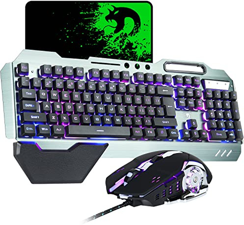 Gaming-Tastatur und Maus-Kombination, graue Metalllegierung,16 LEDs RGB-Hintergrundbeleuchtung, kabelgebunden USB-Tastatur mit Handgelenkauflage + 3200 DPI LED atmende Maus mit Hintergrundbeleuchtung