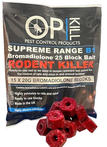 Opkill Rat Poison & Mouse killer - 300g Strongest Bait Available Weatherproof Fast acting and Safe for Professional and Domestic use (Professional Choice Blocks 15 x 20g)