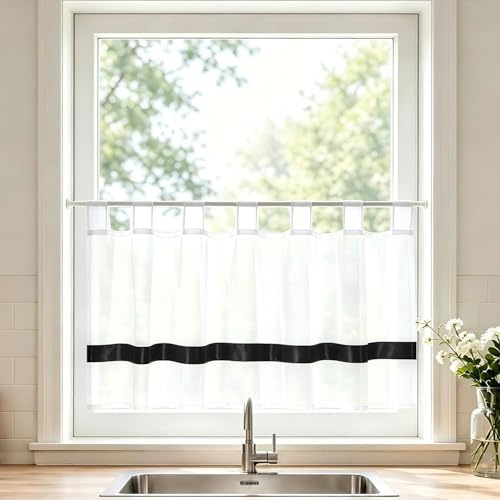 Joyswahl Scheibengardine Voile Bistrogardine Schlaufen Julie 45x120 Schwarz | mit Satinband,Küche Kurzgardine,1er Pack,Küchengardinen modern,Kurzstores Transparent,Fenstergardinen,Gardinen kurz