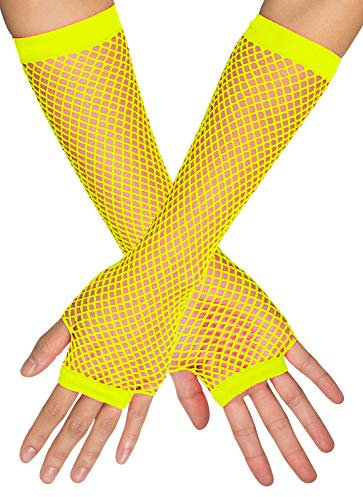 Lange Fingerlose Netzhandschuhe New York | Neon Gelb - Fischnetz Damen Armstulpen Zubehör Mottoparty Halloween Karneval Elegant Gloves Theater Festival