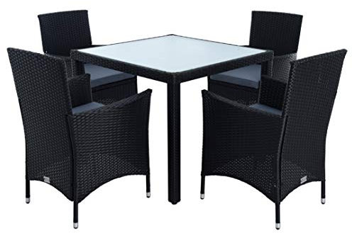 ESTEXO Polyrattan Gartenmöbel Set Sitzgruppe Rattan Gartenset Essgruppe Stuhl Tisch Set Garten Tisch und Stuhl Set 4 Personen Glas Glastisch (Schwarz)