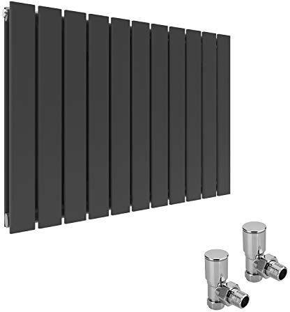 ELEGANT Horizontal Column Designer Radiator Oval Flat Panel Grey Modern Central Heating Radiators Double Panel 600 x 836 mm + Valves Chrome