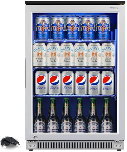 Weili 20 Inch Built in Beverage Refrigerator with Lock, Under Counter or Freestanding 120 Can Soda Beer Drink Cooler Fridge with Stainless Steel and Glass Door