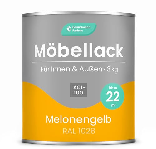 Grundmann Möbellack ACL 100 - Gelb 3 Kg - Lösemittelfrei & Geruchsarm - 4in1 Möbelfarbe inkl. Grundierung - Innen und Außen - Für Holz, Metall & Kunststoff - RAL 1028 Melonengelb