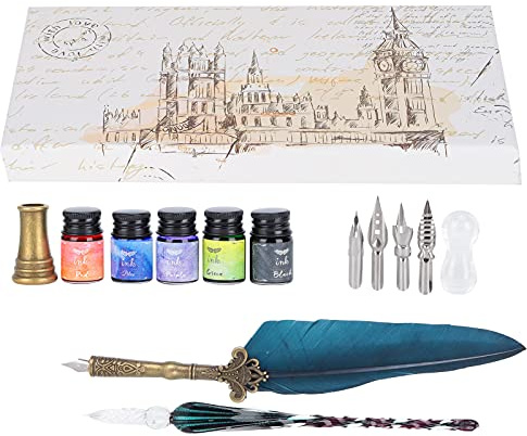 Kalligrafi Pen Set Glasbläck Fjäder Fyllpenna Dip Bläckpenna Fjäder Set Quill Pen Set Retro med Utbytbar Nib Writing Gift Box Kit(Navy)
