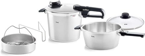 Fissler Vitavit Premium/Schnellkochtopf-Set, 5-teilig (6l - Ø 22 cm & Schnellbratpfanne 3,5l - Ø 22 cm) inkl. Metall-Deckel, Glas-Deckel, Einsatz - Induktion