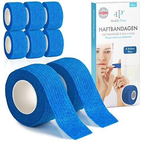 Health Press® Fingerpflaster Selbsthaftend – 8x Pflaster Rolle (2,5cm x 4,5m) – Verband Selbstklebend – Elastisches Tape wasserfest – Staub-, Fett- & Schmutzabweisendes Pflasterband (Blau, 8 Rollen)
