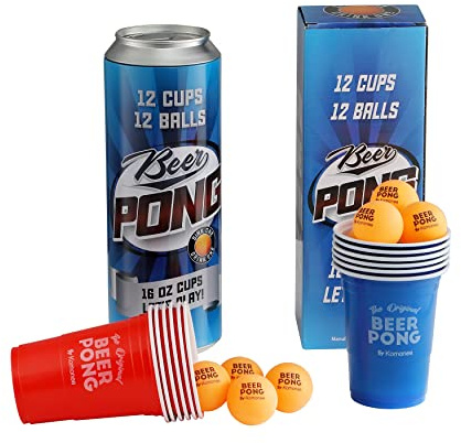 Komonee Beer Pong Novelty Gift Supersized Can American Birthday Idea Adult Party Drinking Game Including 12 Wide Rimmed Red and Blue Re-usable Cups and 12 High Bounce ABS Orange Balls