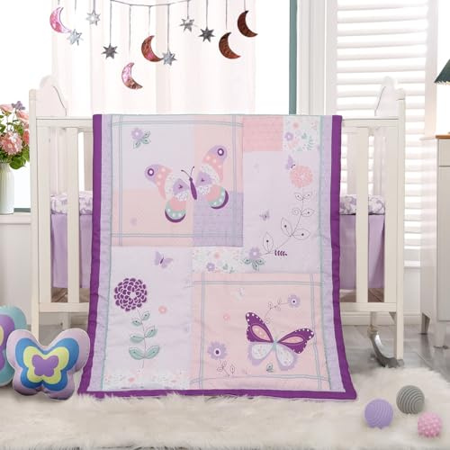 Wowelife Crib Bedding Set for Girls, 3 Pieces Floral Butterfly Baby Girl Bedding Set, Include Crib Comforter Fitted Sheet and Crib Skirt, Standard Size Nursery Crib Set for Girls, Purple