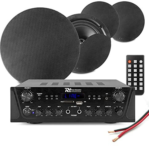 Power Dynamics Multi Room Ceiling Speaker System with Bluetooth Amplifier - PV220BT Home Audio Kit & 4x NCSS8B Black Speakers, Complete Wireless Ceiling Speaker Kit for 2-Zone Settings