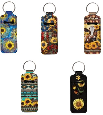 Baxinh Sunflower Aztec Chapstick Holder Keychain Bulk Set of 5 Pieces, American Flag Chapstick Clip-on Keychain Travel Accessories for Girl Women