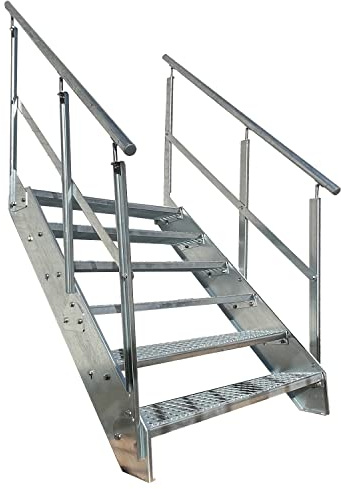 Kaminbau Mierzwa Premium Stahl Treppe Beidseitiges Geländer Verzinkt 6 Stufen (Breite 1000 mm) (Höhe 114 cm) Wetterfest Gitterroststufe Gartentreppe