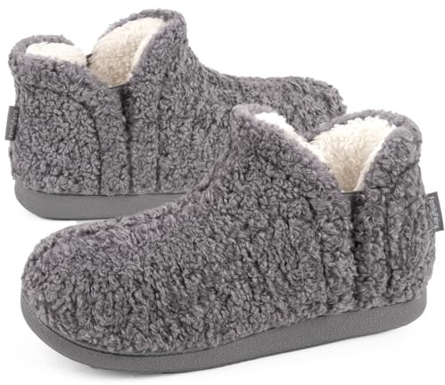 FamilyFairy Bootie Slippers for Women Warm House Shoes Memory Foam Indoor Outdoor Fuzzy Boots with Rubber Sole(11-12, Grey)