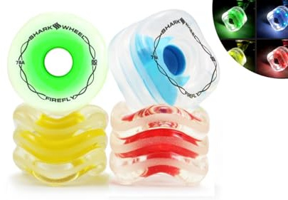 Shark Wheel 60mm, 78a Firefly skateboard wheels - Clear with Blue, Red, Green, Yellow Lights
