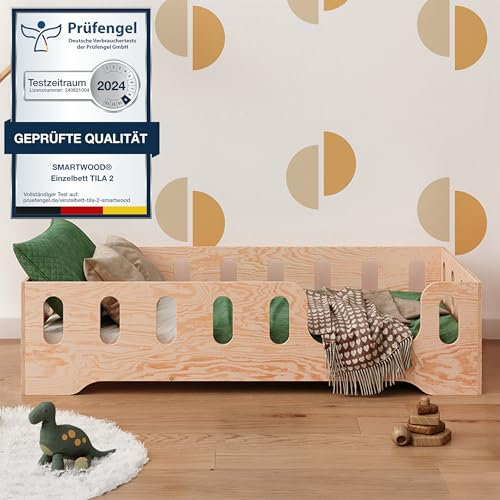 smartwood Bodenbett 90x200 Montessori Kinderbett aus Holz mit FSC-Zertifikat TILA 2P mit Rausfallschutz & Lattenrost bis 230kg belastbar - Einfache Montage