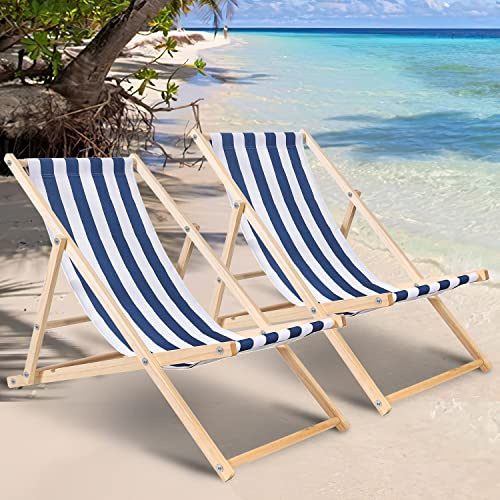 Tubiaz 2er Liegestuhl 120kg max Strandstuhl Holz,Gartenliege Klappbar wetterfest,Verstellbar Liegestuhl Garten Sonnenliege Relaxliege Garten für Camping Balkon Pool,Blaue und weiße