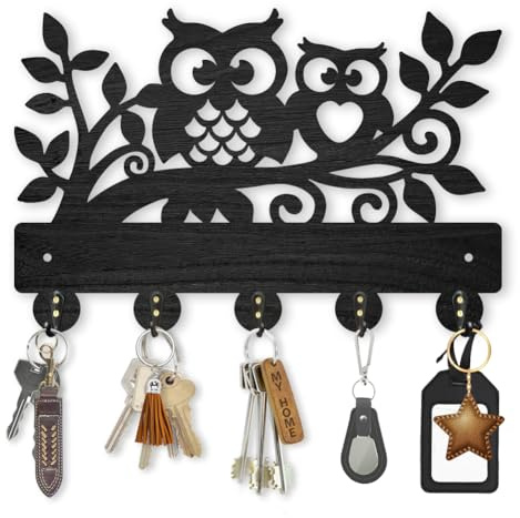MAYJOYDIY Appendiabiti da parete con gufo e ramo di albero animale, portachiavi per parete, gancio da parete in legno, 30 x 20 cm, gancio decorativo a forma di gufo, 5 ganci in lega per ingresso