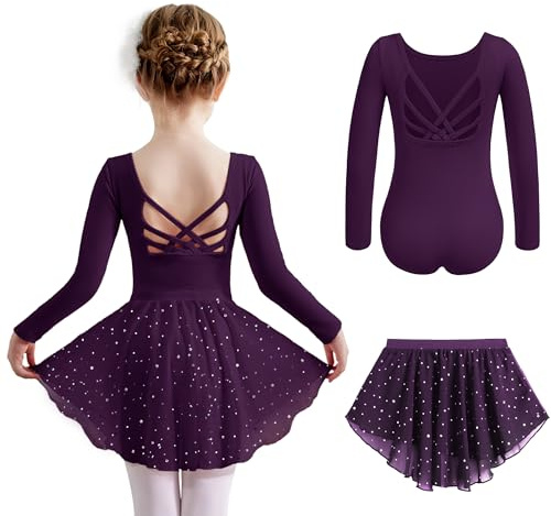 Arshiner Vestido de Ballet Niña Manga Larga Leotardo de Ballet de Algodón con Falda Tutú Morado Oscuro 7-8 Años