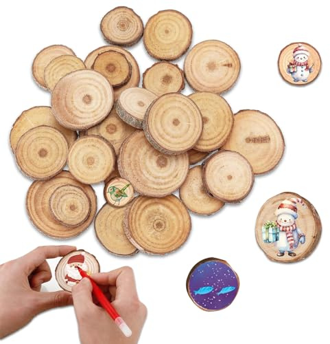 DECUIOCC 40 Stück Holzscheiben Klein, DIY Handwerk Holz-Scheiben, Baumscheiben Rund zum Basteln, Runde Holzscheibe Untersetzer Holz Log, Kiefernholz Astscheiben Baumstamm Deko (3-7cm)