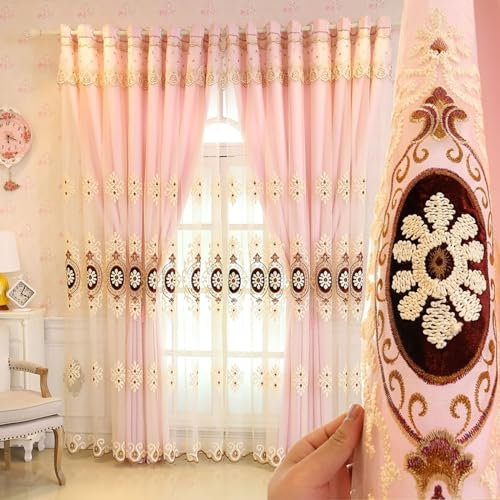 Bishilin Gardinen Blickdicht 2er Set, Verdunklungsvorhänge Ösen Nordisch Doppellagig Stickerei mit Blumen Motiv 102x183CM Polyester Vorhänge Rosa Schlafzimmer Kinderzimmer Jugendzimmer