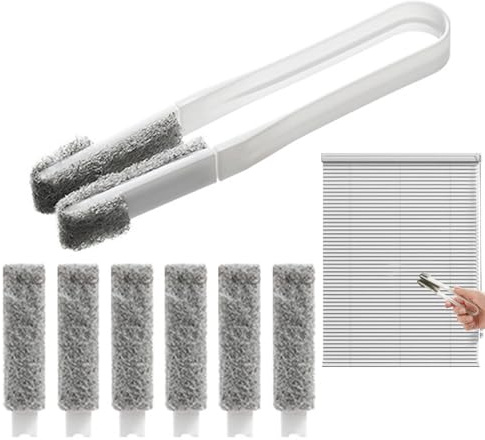 Reinigungsbürste für Fensterjalousien, Reinigungsbürste für Jalousien, Reinigungsbürsten für kleine Räume, Mit 6 Ersatzköpfen, handgehaltener Fensterladen-Staubwedel für Türschiene, Fensterschiene