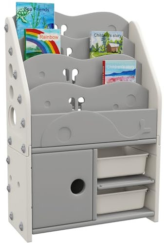 AIYAPLAY Kinderregal Bücherregal mit 2 Aufbewahrungsboxen, 4 Etagen, Spielzeugregal Aufbewahrungsregal Kinderzimmerregal für Spielzimmer, Schlafzimmer 67 x 29 x 98 cm Hellgrau