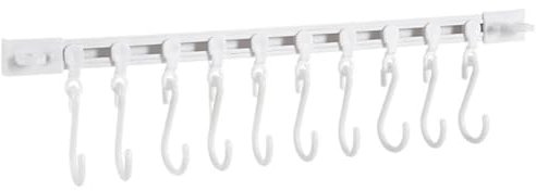 WOLMIK Utensil Hanging Rack - Kitchen Utensil Holder with 10 Movable Hooks, 30 cm Long No Drilling Required, Suitable for Kitchen, Bathroom, Door, Rear, Living Room, Cabinet Door
