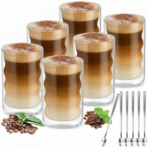 VITEVER Latte Macchiato Gläser 400ml 6er Set mit Löffeln, Doppelwandige Kaffeegläser aus Borosilikatglas, Thermogläser für Cappuccino und Eiskaffee, Riffel-Design Tassen für Heiß- und Kaltgetränke
