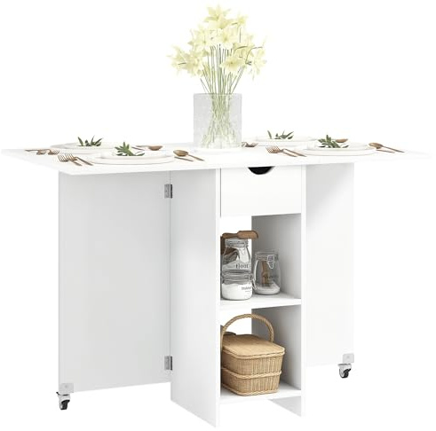 HOMCOM Esstisch Klappbar mit Schublade 2 Ablagen 114,5 x 70 x 75 cm Weiß | Küchentisch, für 2-4 Personen, Moderner Esszimmertisch Klapptisch, Kleine Räume, Esszimmer, Küche