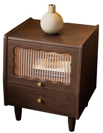 Table de chevet en bois massif avec 2 tiroirs en rotin et porte en verre Finition noyer
