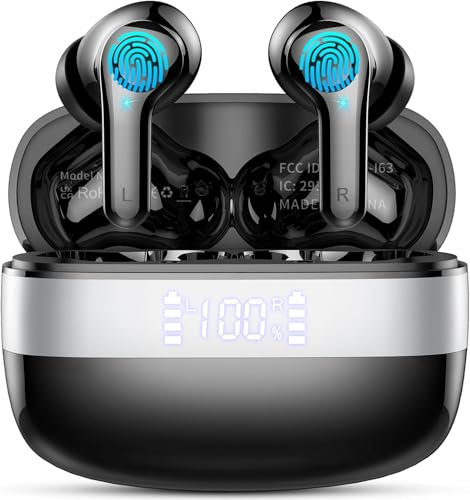 OWMSIC Cuffie Bluetooth, Auricolari Bluetooth 5.3 Stereo HiFi, 48 Ore di Riproduzione, ENC Cancellazione Rumore Cuffiette Bluetooth con 4 HD Mic, LED Display, IPX7 Impermeabili Cuffie Wireless, Nero